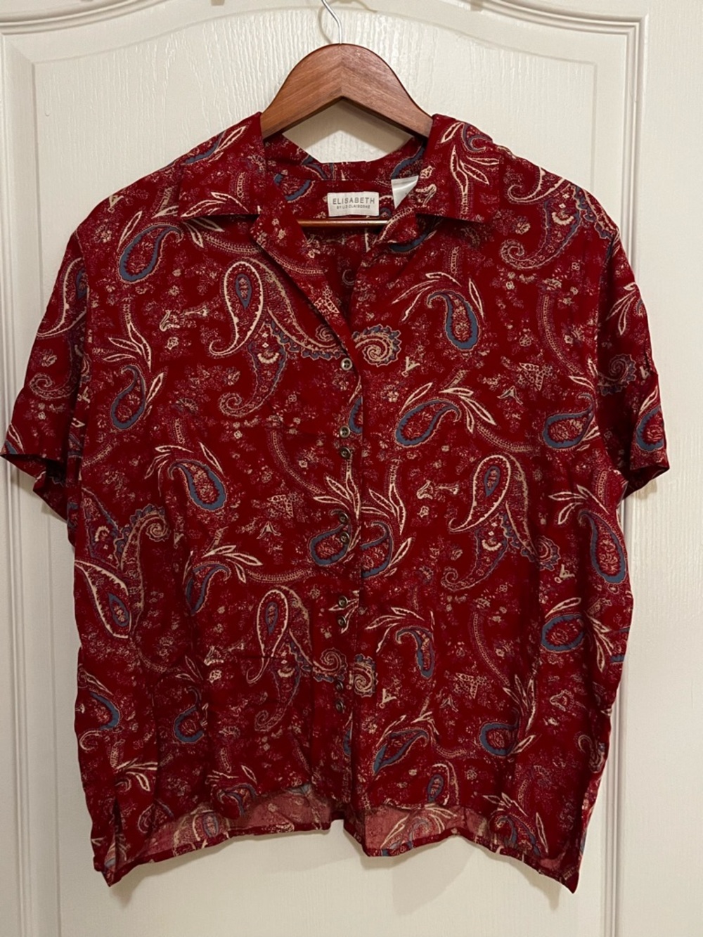 Liz Claiborne Red Paisley Button-Front Short-Sleeve Shirt Size 14